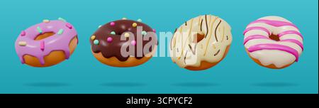 ciambella 3d. Dessert al cioccolato di ciambelle, panetteria per torte rosa con vaniglia dolce o glassa di cacao. Snack con crema di cupcake, pasticcini per la colazione. Confetteria con diversi tipi di condimento o sciroppo. Icone isolate vettoriali Illustrazione Vettoriale
