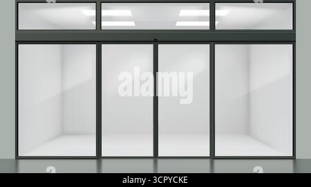 Sportello in vetro. Vista frontale della finestra dell'ufficio. Telaio trasparente per vetrine. Telaio porta 3D. Riporre la stanza. Facciata del centro commerciale. Boutique vuota. Ingresso metallo realistico. Mockup esterno dell'architettura vettoriale Illustrazione Vettoriale