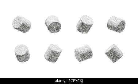 Cilindri astratti con grana fotocopiata. Effetto vintage a mezzitoni in forme geometriche 3D. Design vettoriale bianco e nero minimo per Illustrazione Vettoriale