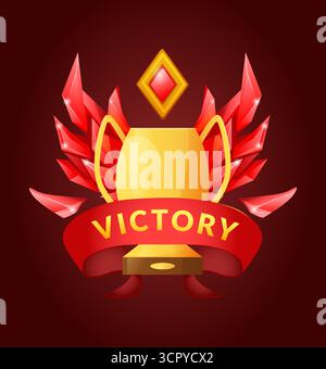 Premio per la vittoria. Ruby gemstones ali, calice dorato, elemento di gioco ui. Sport e successo commerciale. Logotipo o emblema con nastro. Illustrazione isolata in stile cartoni animati vettoriali con elementi lucidi Illustrazione Vettoriale
