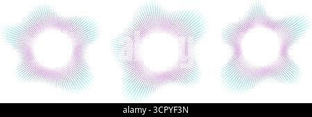 Icone dell'equalizzatore audio con linee e punti, cornici di onde sonore circolari al neon gradiente, icone di musica radiale astratta. Illustrazione Vettoriale
