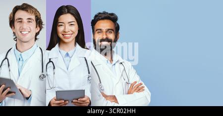 Collage di diversi professionisti del settore sanitario in abbigliamento medico impegnati nella cura del paziente intelligenza artificiale generativa Foto Stock