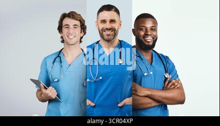 Gruppo diversificato di professionisti del settore sanitario in Blue Scrubs che sorridono insieme in un'intelligenza artificiale generativa collage Foto Stock