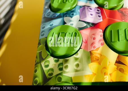 Tyumen, Russia - 8 luglio 2025: Mattoncini colorati Lego disposti con disegni giocosi e colori vivaci primi piani Foto Stock