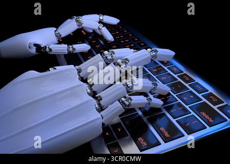 Rendering 3d della digitazione ravvicinata delle mani del robot sulla tastiera su sfondo scuro. Braccio robotizzato cyborg tramite computer. Illustrazione realistica. Foto Stock