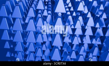 una moltitudine di forme triangolari riempie lo spazio, disposte in modo ordinato. I colori blu esaltano la moderna sensazione astratta, creando profondità Foto Stock