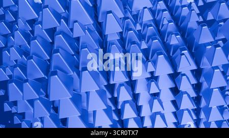 una moltitudine di forme triangolari riempie lo spazio, disposte in modo ordinato. I colori blu esaltano la moderna sensazione astratta, creando profondità Foto Stock