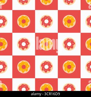 Motivo a scacchi vettoriale senza cuciture con ciambelle nei quadrati rossi e bianchi. Illustrazione di dessert dolci per panificio, caffè, tessuti e design. Illustrazione Vettoriale