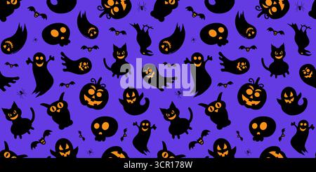Motivo di Halloween senza cuciture con fantasmi, zucche e pipistrelli su sfondo viola per un arredamento natalizio Illustrazione Vettoriale