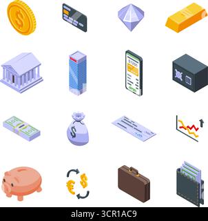 Icone isometriche bancata. elementi finanziari 3d, salvadanaio ed edifici, denaro, carta di credito di debito, lingotto d'oro. Finanza e banche, contabilità gentile vecto Illustrazione Vettoriale