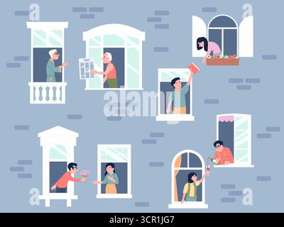 Comunità di quartiere. I buoni vicini condividono cose, libri, giornali mattutini, bevande e fiori da regalo. Persone nelle finestre, scena vettoriale recente ori Illustrazione Vettoriale