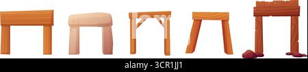 Archi in legno e pietra. Ingressi in miniere, taverne, arco di cartoni animati in stile selvaggio West. Elementi architettonici isolati per arredamento e design, set vettoriale Illustrazione Vettoriale