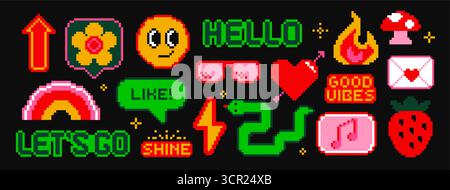 Set di adesivi pixel art. Icone vintage retrò con emoji, arcobaleno, cuore, fuoco e fragole. Elementi di design per l'interfaccia di gioco. vettore a 8 bit Illustrazione Vettoriale