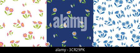 Set colorato con motivo a margherita senza cuciture. Pastello, scuro e monocromatico. Illustrazione Vettoriale