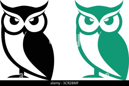 illustrazioni di gufi saggi in nero e verde acqua, design stilizzato degli uccelli per loghi, icone, educazione e temi naturali, arte animale intelligente Illustrazione Vettoriale