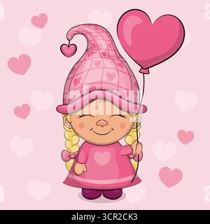Carino cartoni animati Gnome Girl con palloncino a forma di cuore. Illustrazione vettoriale di una donna nana su sfondo rosa con cuori. Illustrazione Vettoriale