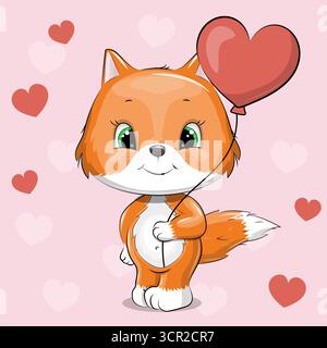Carino cartone animato Fox con palloncino rosso a forma di cuore. Illustrazione vettoriale di un animale su sfondo rosa con cuori. Illustrazione Vettoriale