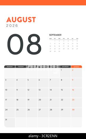 2026 disposizione vettoriale del calendario aziendale, moderno modello di pianificazione mensile minimo per Wall Desk per la stampa o il calendario digitale. La settimana inizia lunedì. Cale annuale Illustrazione Vettoriale