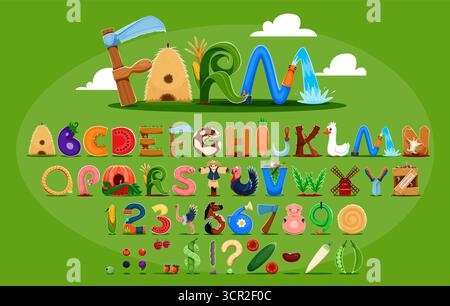 Font cartoon farm, caratteri agricoli, tipo di raccolto, lettere e numeri dell'alfabeto inglese divertenti per i bambini. Tipografia vettoriale abc font di cibi agricoli ecologici, verdura e frutta, animali carini e attrezzi agricoli Illustrazione Vettoriale