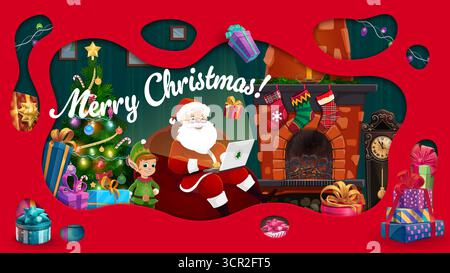 Babbo Natale con un computer portatile accanto al caminetto sul biglietto di auguri tagliato in carta natalizia, vettore di cartoni animati. Buon biglietto di auguri natalizi con simpatico elfo e Babbo Natale che legge desideri sul portatile all'albero di Natale con regali e calze Illustrazione Vettoriale