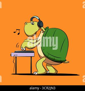 Divertente DJ tartaruga che suona musica sul giradischi Illustrazione Vettoriale