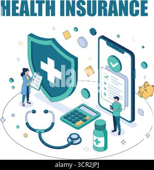 Medico e paziente calcolando contratto di assicurazione sanitaria. Medicina e assistenza sanitaria. Illustrazione del vettore isometrico piatto. Illustrazione Vettoriale