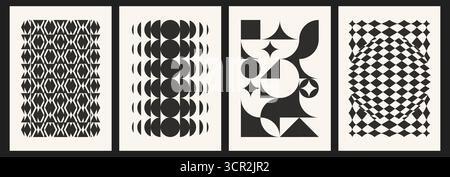 Copertine nere Bauhaus con motivi geometrici e forme astratte per poster. Composizioni moderniste con cerchi, triangoli e motivi a scacchi. Stampe monocromatiche per disegni a parete o copertine di libri. Illustrazione Vettoriale
