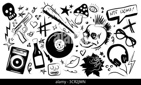 Elementi punk rock ribelli con teschi, dischi in vinile, funghi e mohawk per la cultura underground. Schizzi a inchiostro nero con pistola e bottiglia, altoparlante, cuori e stelle. Icone di musica alternativa Illustrazione Vettoriale