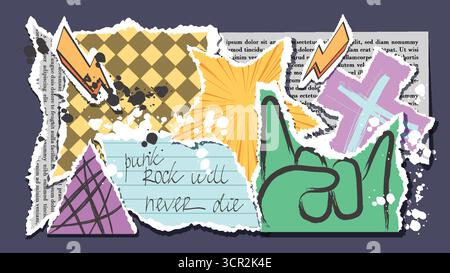 Collage di ritagli di carta strappati con elementi tipografici punk rock ed elementi graffiti per un design ribelle. Toppe con giornali, dama e frammenti colorati. Composizione di album urbani per poster. Illustrazione Vettoriale