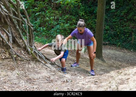 I bambini giocano su scivoli e arrampicate in un parco giochi naturale circondato da alberi. Foto Stock