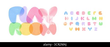 Carattere zona bambini della sala giochi, alfabeto colorato dei contorni, palloncino rotondo luminoso con contorno linea. Design tipografico divertente per bambini Illustrazione Vettoriale