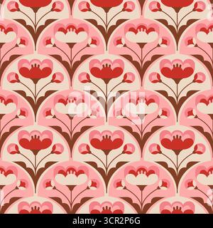 Motivo geometrico floreale senza cuciture. Design statico retrò, arredamento semplice e piatto, piante in fiore, ripetuti elementi floreali. Tessuto, carta da imballaggio Illustrazione Vettoriale