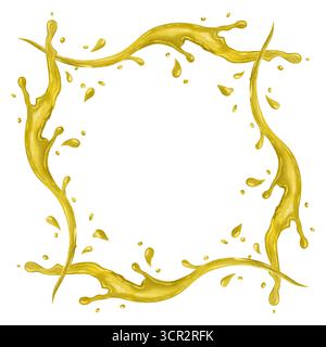 Cornice quadrata decorativa Golden Splash, disegno ad acquerello su sfondo bianco. Illustrazione artistica per inviti, biglietti d'auguri, imballaggi, striscioni, poster, progettazione di siti web e progetti digitali. Foto Stock