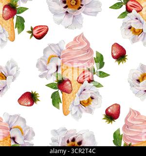 Fantasia senza cuciture con gelato alle fragole in cono di cialde, fragole e fiori di peonia. Illustrazione acquerello su sfondo bianco per imballaggi estivi, tessuti, cartoline e design natalizio. Foto Stock