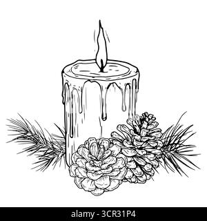 Cera, coni e ramoscelli di pino e candele, schizzo in bianco e nero. Illustrazione vettoriale. Decorazioni natalizie con rami di abete, isolate su sfondo bianco. T Illustrazione Vettoriale