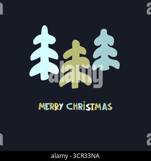 Modello di design per biglietti d'auguri natalizi. Abeti disegnati a mano, scritta a mano di buon Natale Illustrazione Vettoriale