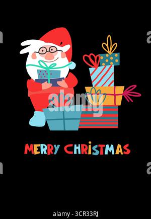 Design del biglietto d'auguri natalizio. Divertente Babbo Natale disegnato a mano con pacchetti regalo Illustrazione Vettoriale