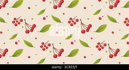 motivo con bacche rosse e foglie verdi su morbido sfondo beige. decorazioni naturali e stagionali Illustrazione Vettoriale