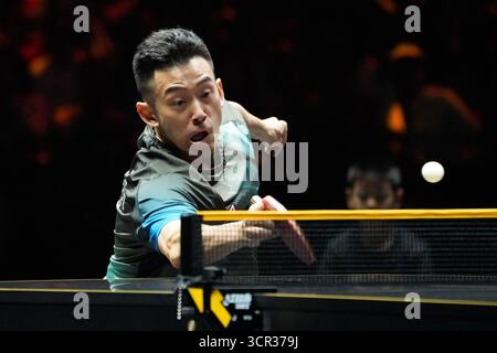 Pechino, Cina. 29 settembre 2025. Wong Chun Ting torna a casa durante il singolare maschile del 64 match tra Lin Gaoyuan della Cina e Wong Chun Ting della Cina di Hong Kong al World Table Tennis (WTT) China Smash 2025 a Pechino, Cina, 29 settembre 2025. Crediti: Xie Han/Xinhua/Alamy Live News Foto Stock