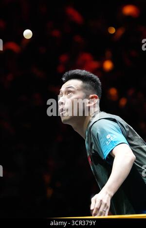 Pechino, Cina. 29 settembre 2025. Wong Chun Ting serve durante il singolare maschile del 64 incontro tra Lin Gaoyuan della Cina e Wong Chun Ting della Cina di Hong Kong al World Table Tennis (WTT) China Smash 2025 a Pechino, Cina, 29 settembre 2025. Crediti: Xie Han/Xinhua/Alamy Live News Foto Stock