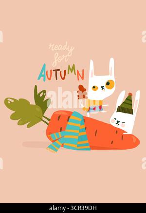 Simpatici coniglietti in piedi su Big Carrot Illustrazione Vettoriale