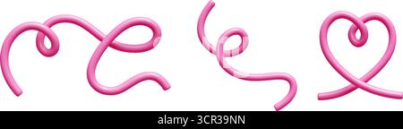 Set di linee per scarabocchi 3D con tratti e loop curvi rosa lucidi. Elementi giocosi Illustrazione Vettoriale