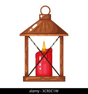 Lanterna rustica in legno disegnata a mano con candela rossa brillante all'interno. Perfetto per arredamenti accoglienti, design per le vacanze invernali, biglietti d'auguri, scene all'aperto, Illustrazione Vettoriale
