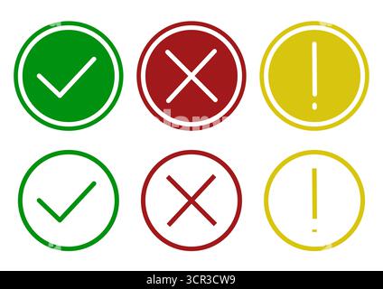 Set di segni di spunta. Simbolo incrociato errato. Punto esclamativo segno vettoriale. Interfaccia Web colorata. EPS 10. Illustrazione Vettoriale