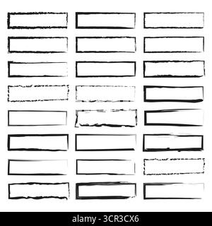 Impostare le forme rettangolari della cornice. Bordi a trama grintosa. Elementi vettoriali disegnati a mano. Schizzi di contorno neri. EPS 10. Illustrazione Vettoriale