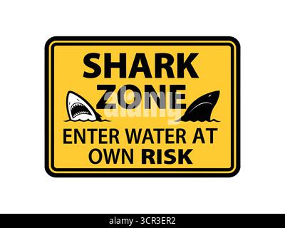 Illustrazione del cartello di pericolo zona squalo con la testa di squalo aggressiva per la sicurezza in spiaggia Illustrazione Vettoriale