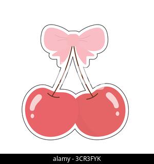 - Ciliegie rosse stilizzate legate con un fiocco rosa e una superficie lucida. Perfetto per adesivi stampe di moda icone alimentari e design divertenti per giovani e vita Illustrazione Vettoriale