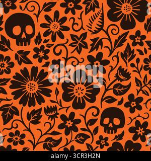 Skulls and Flowers senza cuciture. Illustrazione vettoriale sfondo piatto. Illustrazione Vettoriale