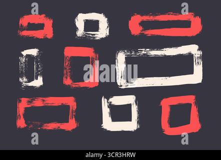 Set pennello per pittura acrilica forme quadrate. Il rettangolo di colore rosso e bianco incornicia gli elementi su sfondo nero. Motivo geometrico con trama grunge. Ro Illustrazione Vettoriale