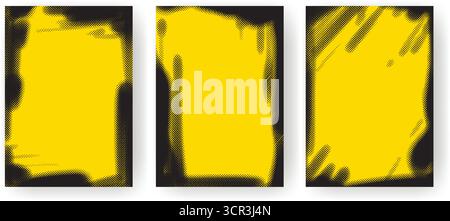 Stile strada sovrapposizione effetto grunge cornice astratta. Set di modelli con tratti di pennello e mezzitoni testurizzati su sfondo giallo. Progettazione di schede, poster, Illustrazione Vettoriale